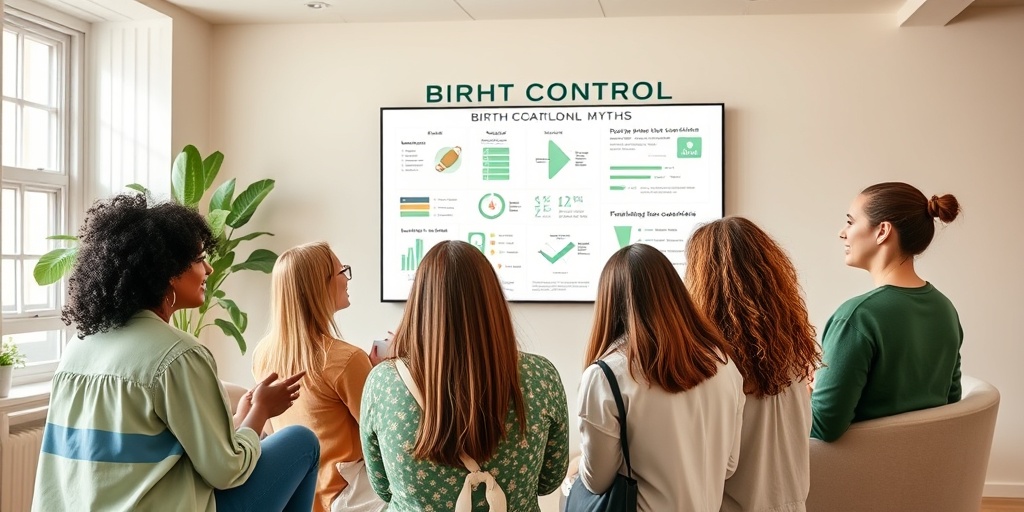 Friends debunk birth control myths in a modern room, surrounded by educational materials, encouraging dialogue and empowerment.5.png