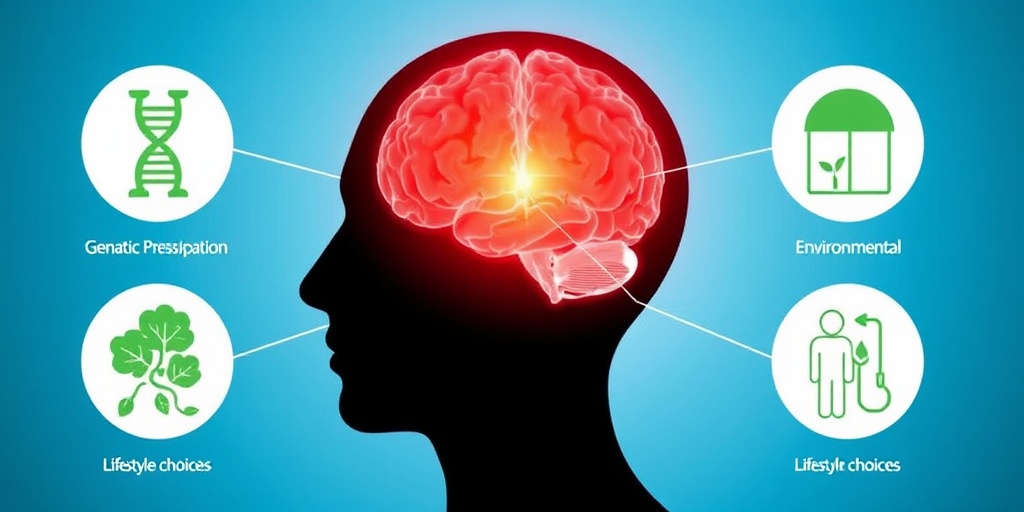 Human silhouette surrounded by icons of risk factors for brain tumors, set against a serene blue backdrop.  3.png