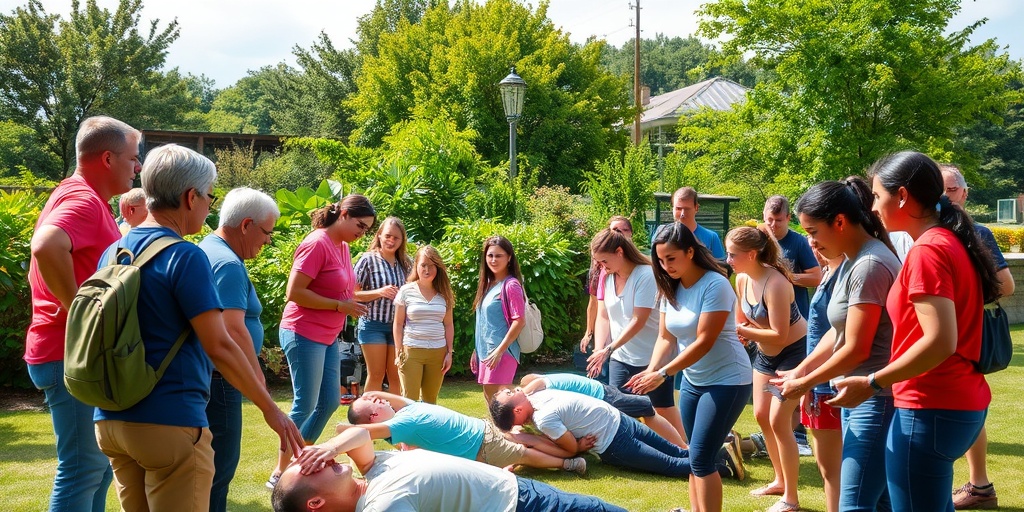 Participants practice emergency response techniques outdoors, guided by instructors in a vibrant, energetic training session.  4.png