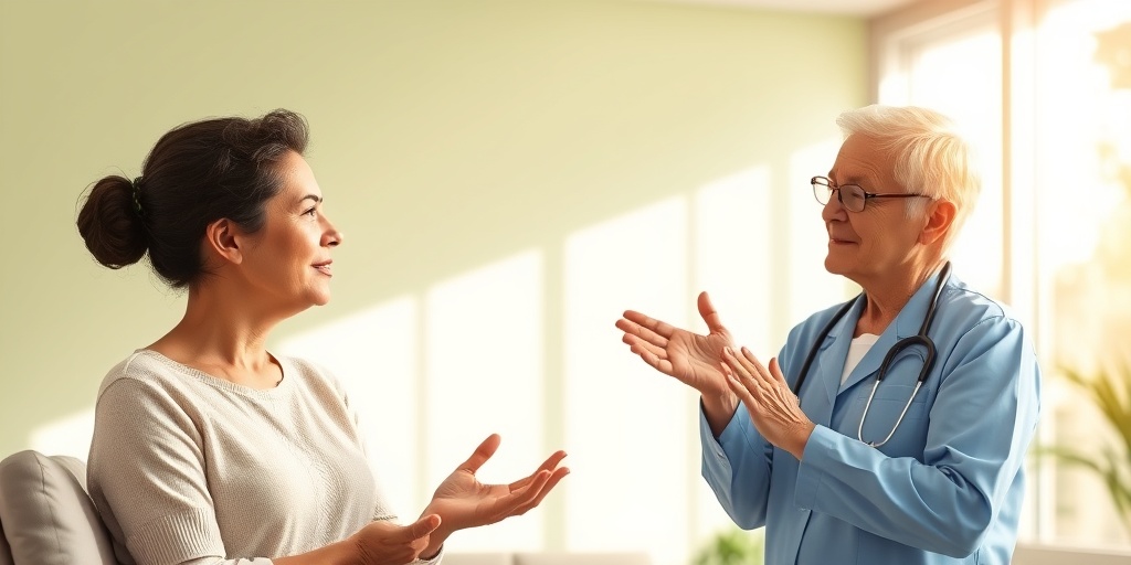 Patient and healthcare provider in a bright clinic, engaged in a supportive conversation about brain tumor prognosis.  5.png