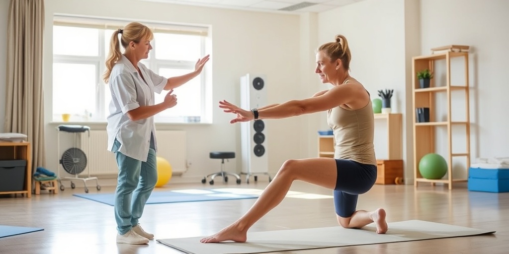 Physical therapist demonstrating rehabilitation exercises for Kneecap Tracking Disorder in a bright, supportive therapy room.4.png