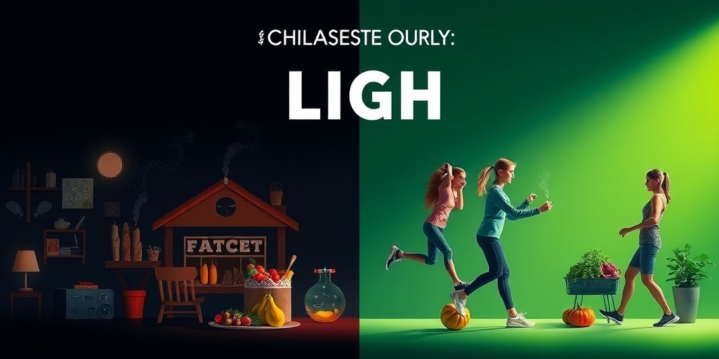 Split scene showing unhealthy lifestyle choices in dark lighting versus positive changes in bright light, symbolizing health transformation.  3.png