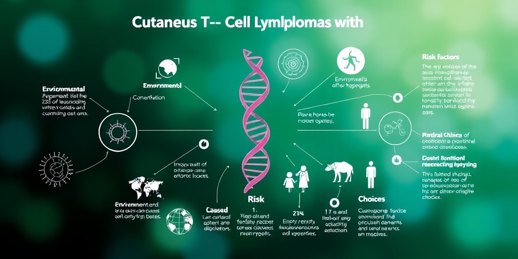 Visualization of Cutaneous T-Cell Lymphomas causes, featuring DNA strands and lifestyle choices in a harmonious green and blue background.  3.png