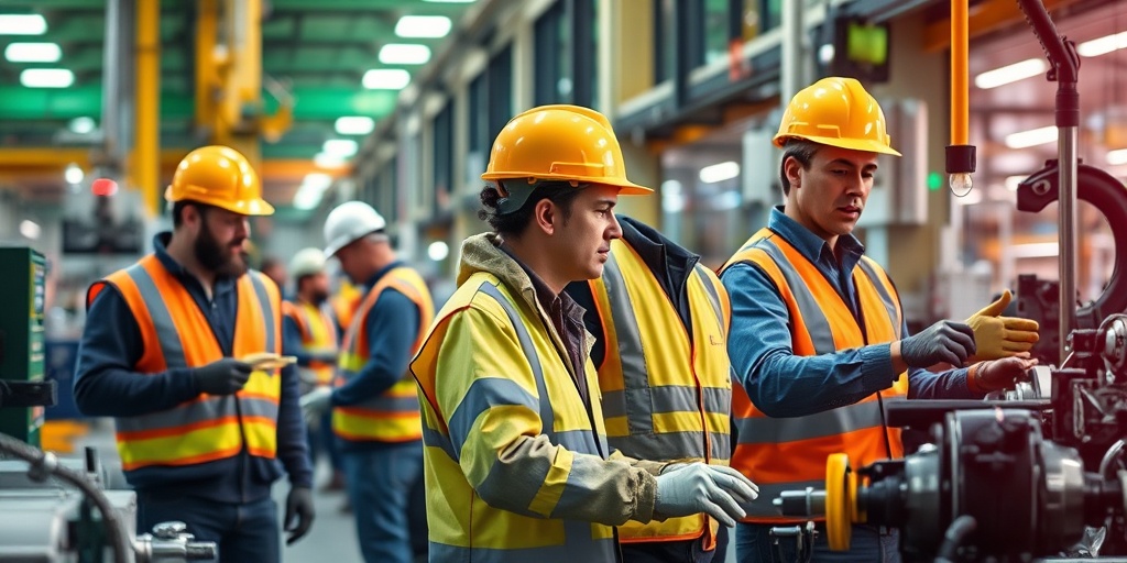 Workers in a manufacturing environment follow safety protocols, highlighting the importance of a safe workplace with vibrant colors.  5.png
